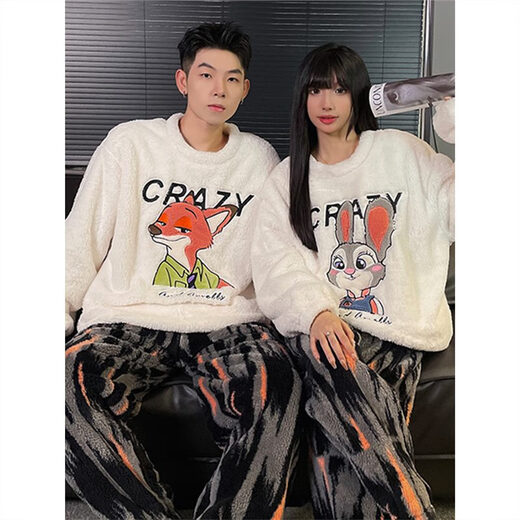 Shengzhu Zootopia coral velvet couple pajamas for women autumn and winter warm thickened flannel men's student home wear set #KYX-H5557 Thickened model women's model M 75-100 Jin Jin is equal to 0.5 kg