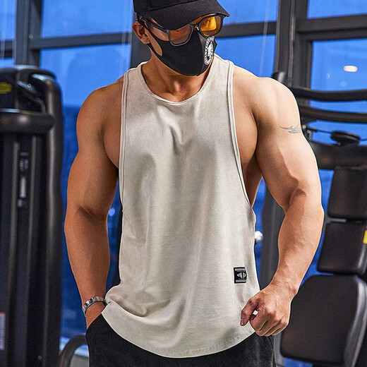 Lutielang professional fitness clothes loose quick-drying sleeveless blouse muscle training racer vest running sports men cement gray M