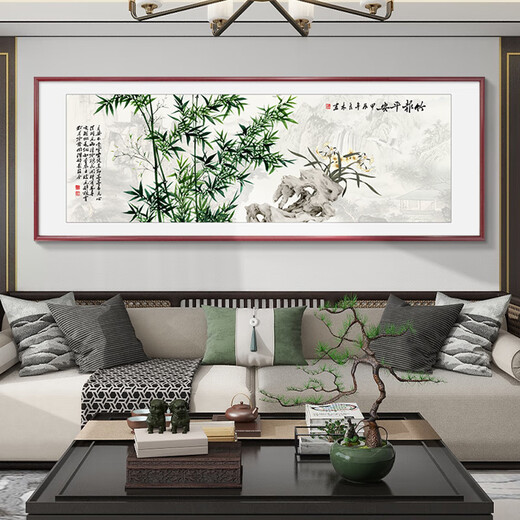 Good wood bamboo safety hanging painting hand-painted new Chinese style living room sofa background wall decoration painting Chinese painting ink Chinese style bamboo painting C1-Lush 120*40cm suitable for about 1.5 meters waterproof canvas + elegant mahogany color right-angle solid wood frame