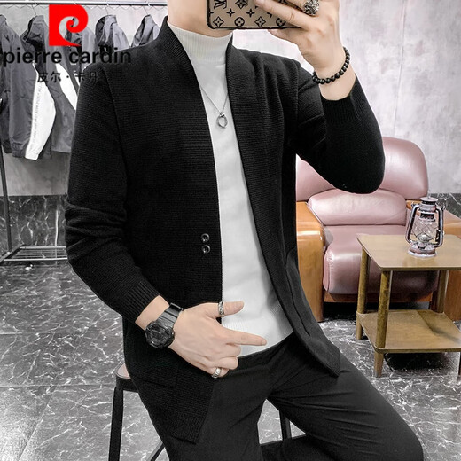 Pierre Cardin Brand Wool Cardigan Men's Trendy Slim Jacket 2025 Spring and Autumn Thickened Men's Knitted Sweater Cardigan Sweater Jacket Dark Gray XL