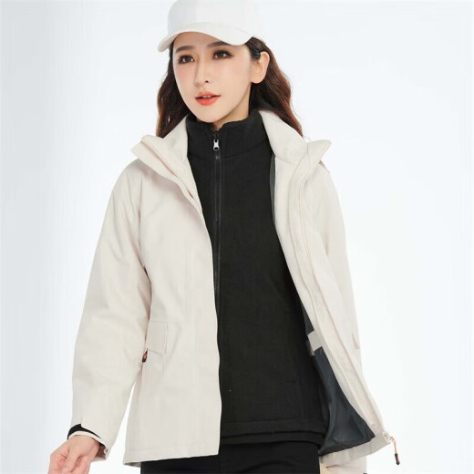 BRELRMON韩版冲锋衣女男防风户外防寒三合一保暖可拆卸滑雪登山服夹克外套 HS12805米白-女 S