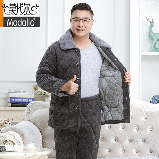 莫代尔中老年男士睡衣冬季加厚加绒珊瑚绒三层夹棉袄大码爸爸保暖家居服 683灰色 三层加/厚加/绒 XL 建议120-140斤