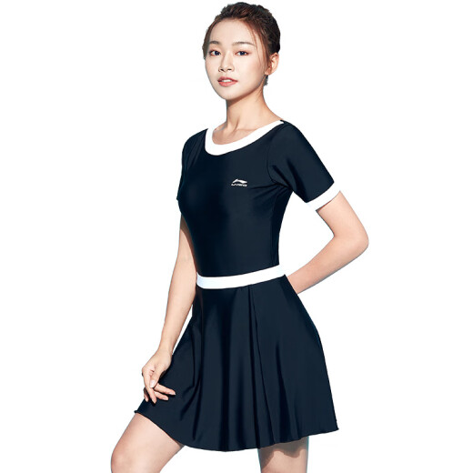 Li Ning LI-NING swimsuit women's one-piece skirt-style swimsuit covering belly and slimming anti-chlorine quick-drying casual swimsuit LSLR052 black L [height 155-160 weight 40-49]
