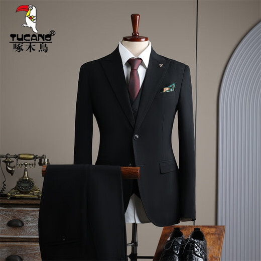 Woodpecker (TUCANO) fashionable Korean suit men's three-piece wedding groomsmen suit professional formal work suit men's suit 9992 black (suit + trousers) 52/XL (125-135 Jin Jin equals 0.5 kg)