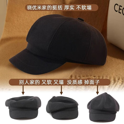 Spring Night Snow Small Head Circumference Retro Hat Women's Autumn and Winter Internet Celebrity Style British Woolen Woolen Octagonal Hat Versatile Black