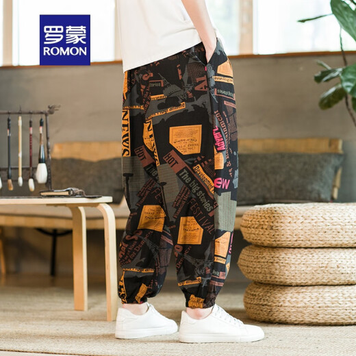 罗蒙（ROMON）亚麻夏季男士印花灯笼裤宽松束脚九分哈伦休闲裤大码中国风花裤子 K987藏青色 M 【建议100-120斤】