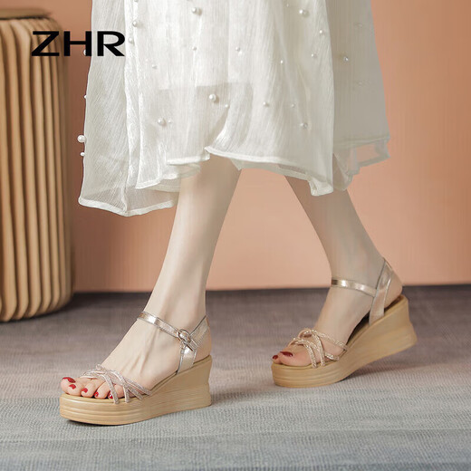 Sandales de coin zhr pour les femmes Summer Real Cow Hide Sole Sole pour femmes Chaussures à la mode à la ceinture mince et à talons hauts pour femmes AY92 Champagne 37