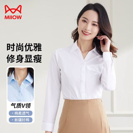 Catman shirt women's V-neck long-sleeved white blouse spring and autumn professional commuting workwear formal shirt white 37