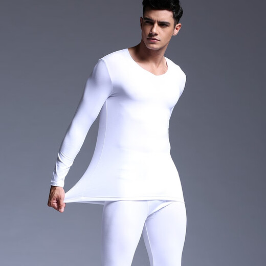 Hancai Thermal Underwear Men's Spring and Autumn V-neck Modal Cotton Autumn Clothes and Autumn Pants Bottoming Men's Suit White XL