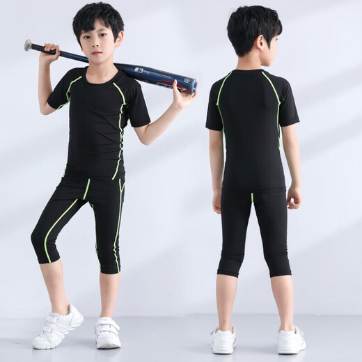 
Children's tights training suit men's running sports short-sleeved suit basketball football quick-drying clothes cropped pants fitness suit YIPAI Yipai all black suit S size (height 160, weight 80 Jin [Jin equals about 0.5 kg])