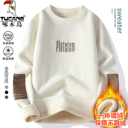 Woodpecker one-piece velvet crew neck sweater men's autumn and winter youth plus velvet thickened sweater junior high school and high school student sweater off-white XL (recommended 120-140Jin Jin equals 0.5 kg)