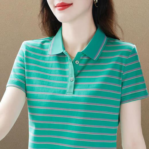 Dutron Cotton Revers kurzärmeliges T-Shirt für Frauen im Sommer Neues lose und atmungsaktives halbärmeliges Streifenpolo-Hemd mit mittleren Alterszeiten für Frauen, Gelb 3518 Modell 2xl (Empfohlen 120-130jin [Jin gleich 0,5 kg]))