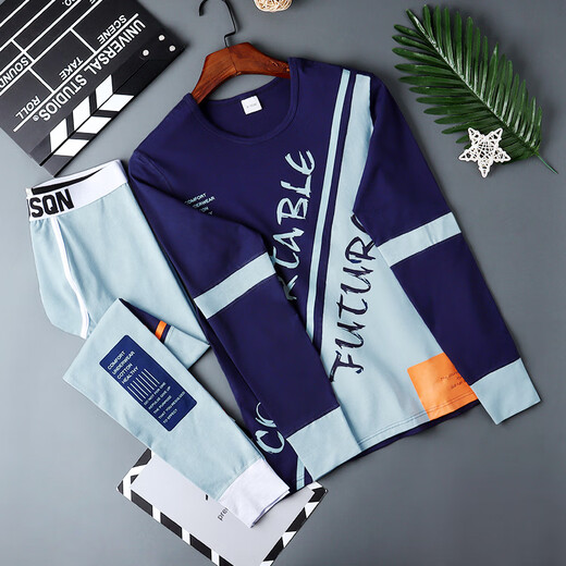 Wolf Country Men's Autumn Clothes and Autumn Pants Men's Suits for Autumn and Winter Youth Coldproof Linens and Linen Pants Bottoming Shirts Trendy Tight Warm Clothes Suit Black XL Suitable for 120-140Jin Jin equals 0.5 kg