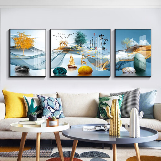 Mo Painting Lulin Modern Simple Living Room Decoration Painting New Chinese Sofa Background Wall Mural Landscape Painting Hall Triangle Landscape Painting 2-Home Harmony All-in-One 12107 Mirror Crystal Porcelain Middle 100*70 Side 50*70 Gold Frame