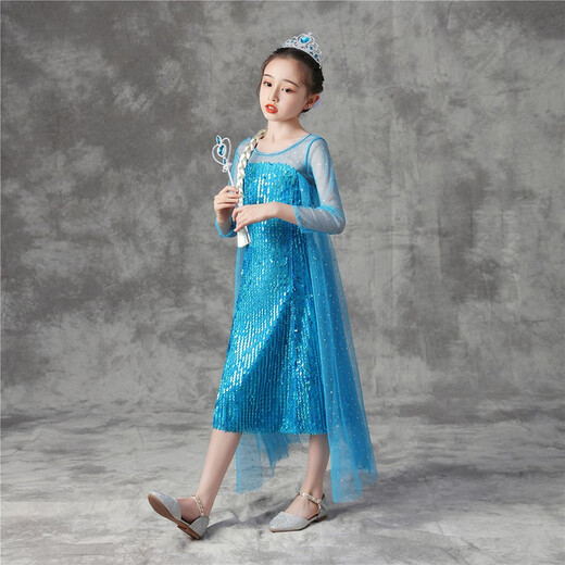 Yiai Elsa Princess Dress Autumn and Winter Frozen Girls Dress Elsa Skirt Floor-length Skirt New Year Clothes Performance Costume Blue Sequin Skirt Short 120 (recommended height 110-120cm)