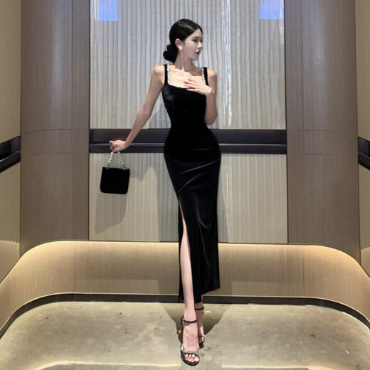 YIOU Sexy Temperament Suspender Dress Celebrity Annual Party Slim Fit Hip-covering Evening Dress Velvet Black Long Skirt 8585 Black M