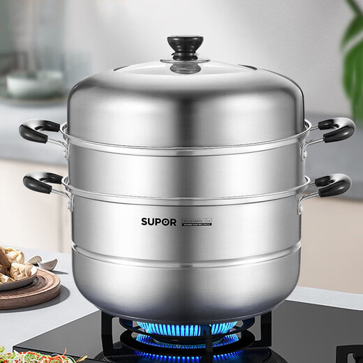 Supor large two-layer steamer 304 stainless steel large steamer multi-layer thickened large steamer gas induction cooker universal high arch cover steamer 2 layers 32cm