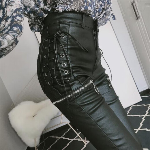 费迈博网红女裤秋冬韩版紧身绑带拉链加绒皮裤高腰外穿铅笔小脚裤 加绒 系带皮裤9921款 S 80-95斤卡码建议往大拍