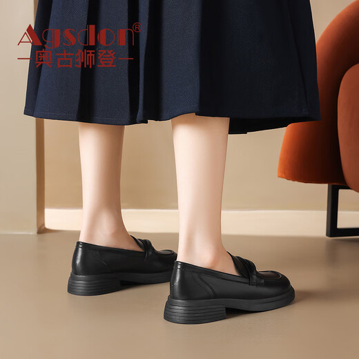 Agsdon loafers women's thick sole British style versatile leather shoes thick heels single shoes 523139 black 38
