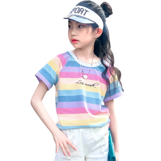 Pitt Pitt Girls Short Sleeve T-shirt 2025 Summer New Trendy T Children's Korean Loose Striped Top Medium Large Children's Summer 3505 Rainbow Stripe + 9922 White 140 cm