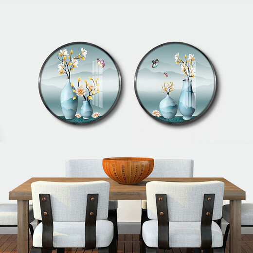 莫画泸林餐厅装饰画现代简约餐桌挂画餐厅壁画入户玄关柜高档画饭厅九鱼图 富贵平安两联11969+11970 烤瓷镶钻-直径50-铝合金黑框