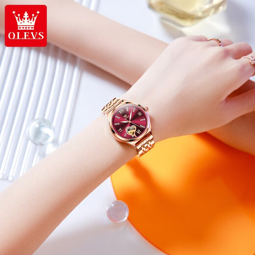 OLEVS Swiss certified brand watch women's mechanical watch fully automatic waterproof luminous women's watch hollow diamond-set fashion watch OLEVS-6636-steel belt rose shell red surface