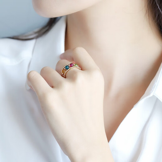 Ruohua (RUOHUA) Jiuyue Colorful Tourmaline Ring Female Yellow 14K Gold-filled Multi-layered Elastic Ring Birthday Gift for Girlfriend Multi-layered Elastic Ring 3-4mm