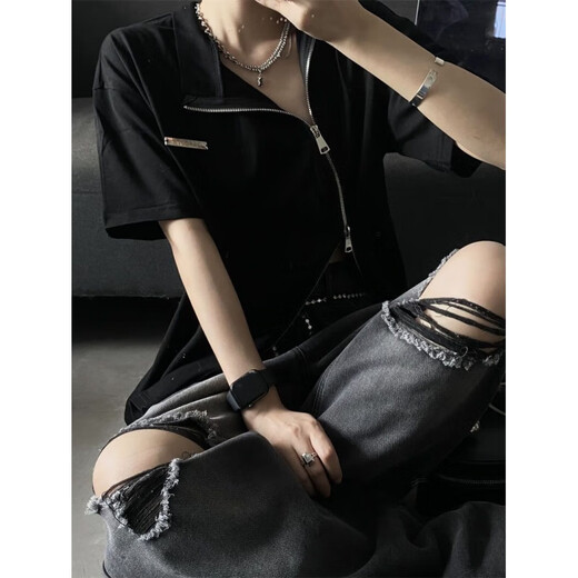 Simple direction American retro design ripped jeans summer handsome street gender-free versatile wide-leg trousers men and women ins 9930 black + belt one size s