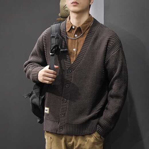 Lexinchao winter trendy brand retro V-neck cardigan sweater men loose large size American heavy casual knitted sweater jacket dark brown M[100-130Jin[Jin equals 0.5 kg]]