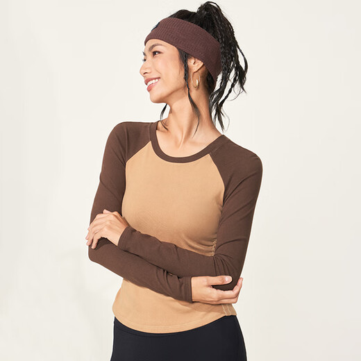 SPLAN wake-up plan tight long-sleeved yoga wear high-end velvet Pilates top quick-drying running sports fitness wear for women Wooden Stem Brown M