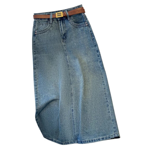 GCRZW denim skirt for women summer 2024 new style mid-length skirt retro a-line slit pear-shaped figure hip skirt nostalgic blue - free belt 29/XL (recommended 120-130Jin [Jin equals 0.5 kg])