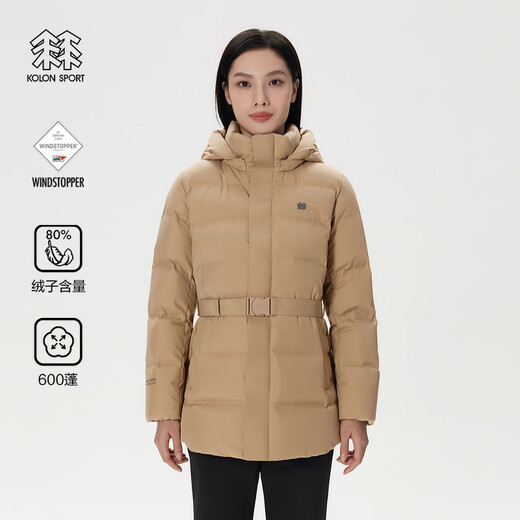 KOLON SPORT/可隆中量羽绒服 女子压胶连帽冬GTX防风宽松鹅绒外套夹克 LKDJ4WTK16-BE 米黄 M 165/88A