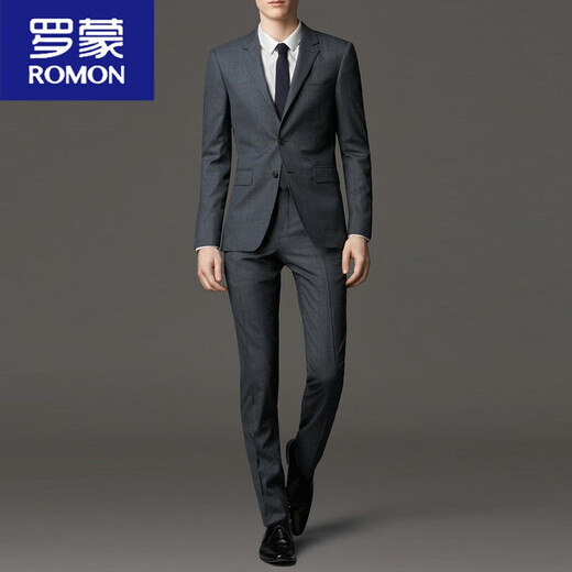 ROMON suit men's dark gray groom's wedding slim suit business casual groomsmen wedding formal professional suit two-button navy blue side double slit suit + trousers XL 180