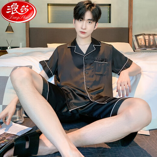 LangSha (LangSha) ice silk pajamas men's summer short-sleeved pants summer thin 2025 new men's style outdoor wear home clothing suit G723 [with pants pockets] 2XL (height about 180 and weight 150-175