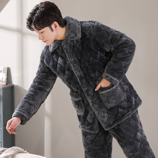 雅鹿男士睡衣冬季珊瑚绒三层夹棉加厚加绒法兰绒秋冬款家居服保暖套装 C9903#蓝色男[牛奶绒] 3XL 3层(165 200斤)三层加厚