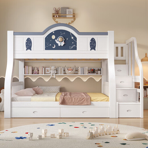 St. Burton bunk bed, solid wood children's bed, siblings do not disturb each other, bunk bed, high and low bed, double bunk bed, ladder cabinet + bookshelf + double drawers + mattress, upper 130, lower 150