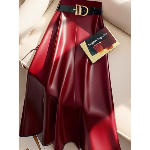 Pierre Cardin (Pierre Cardin) Autumn and Winter 2025 New Large Size PU Leather Skirt Skirt Women's Belly Covering Mid-Length Winter Pleated Skirt A-Line Skirt 5785# Red M
