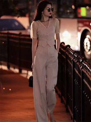 良蜓职业女装高端套装高级感夏季款休闲条纹时尚单女v领拼接上衣洋气 条纹装 2XL 建议130-145斤