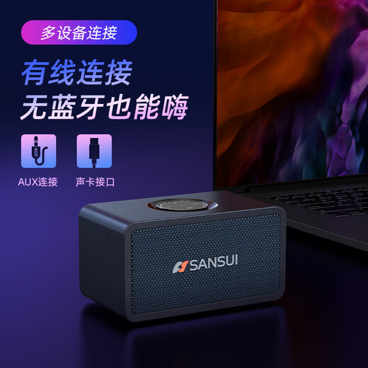 SANSUI Wireless Bluetooth Speaker Subwoofer Ambience Light High Quality Home Stereo Surround Outdoor Portable Desktop Mini Audio Card Small Steel Cannon Music Player T23 Black Bluetooth 5.3 + Subwoofer + Touch Screen Key