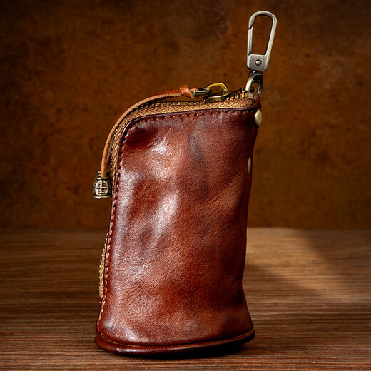 Slow time retro hand-rubbed genuine leather key bag for men and women, multifunctional first-layer cowhide key bag, waist hanging car lock bag, light brown