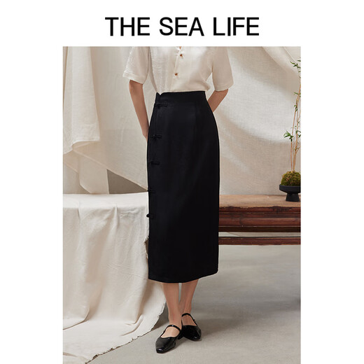 
THE SEA LIFE Ou Hai Yisheng New Chinese style high-waisted skirt for women 24 summer waist-hugging high-end black folding skirt Y16866 Black Mage S