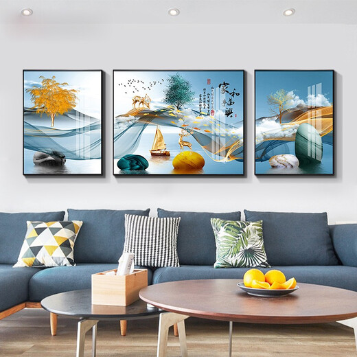 Mo Painting Lulin Modern Simple Living Room Decoration Painting New Chinese Sofa Background Wall Mural Landscape Painting Hall Triangle Landscape Painting 2-Home Harmony All-in-One 12107 Mirror Crystal Porcelain Middle 100*70 Side 50*70 Gold Frame