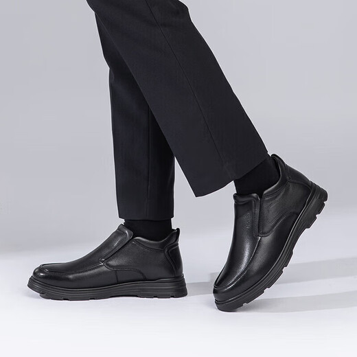 Kangnai men's toe-layer cowhide winter warm plus velvet high-top leather shoes men's business casual shoes black 42