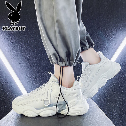 Playboy (PLAYBOY) daddy shoes men's shoes 2025 summer shoes men's casual shoes men's thick sole height-enhancing breathable sports shoes white 42
