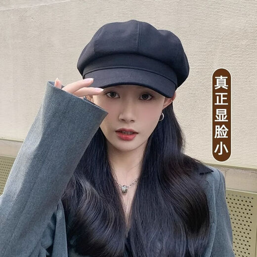 Spring Night Snow Small Head Circumference Retro Hat Women's Autumn and Winter Internet Celebrity Style British Woolen Woolen Octagonal Hat Versatile Black