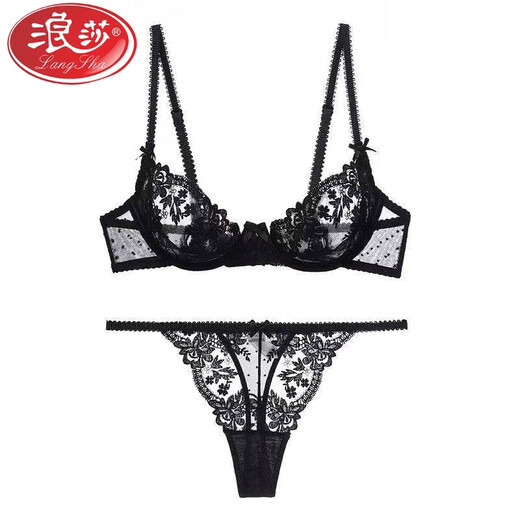 LangSha Sexy Lace Dating Fun Pure Desire Ultra-Thin Underwear Women's Suit Gathering Beautiful Back Side Bra Summer Black Suit M -34/75ABC Tong Cup