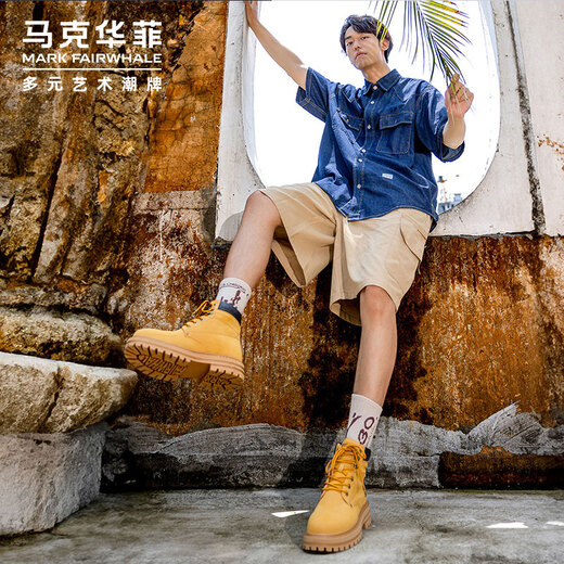 马克华菲马丁靴男高帮秋冬新款防滑黑色英伦风大黄靴厚底增高情侣工装男鞋 姜黄【情侣款】 42 标准皮鞋尺码