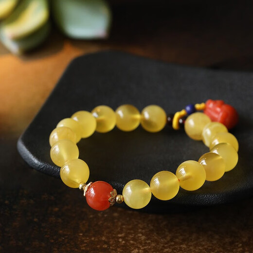 Longyin Beeswax 10mm Single Circle Buddha Beads Gold Twisted Honey Amber Bracelet Nanhong Pixiu Red Agate Women's Birthday Gift YJ 10mm