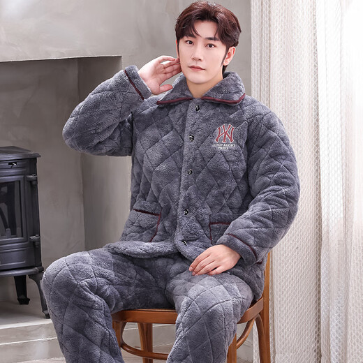 Xuanduoqi Pajamas Трехслойная утолщенная коралловая бархатная хлопчатобумажная фланельная фланель теплой домашней одежды осень и зимний стиль C9921# черные серого цвета [плуг] XL (125-145Jin [Jin равняется 0,5 кг]).