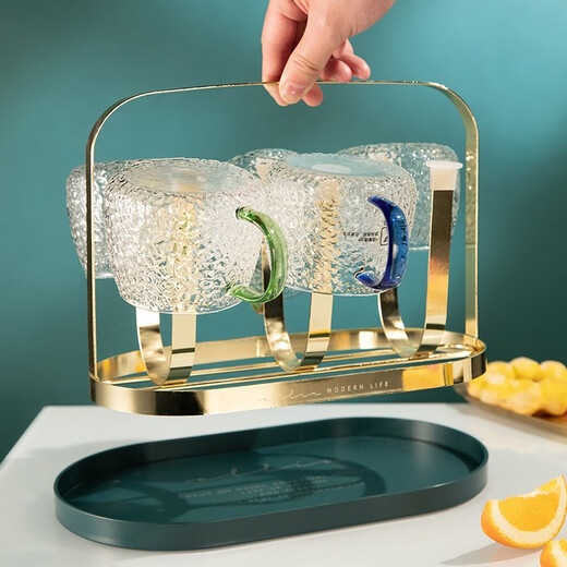 Fuguang glass cold kettle, household heat-resistant high-temperature large-capacity tea kettle, cold boiled water cup, family set, kettle 2200ml + water cups (6 pieces) + shelf + plate